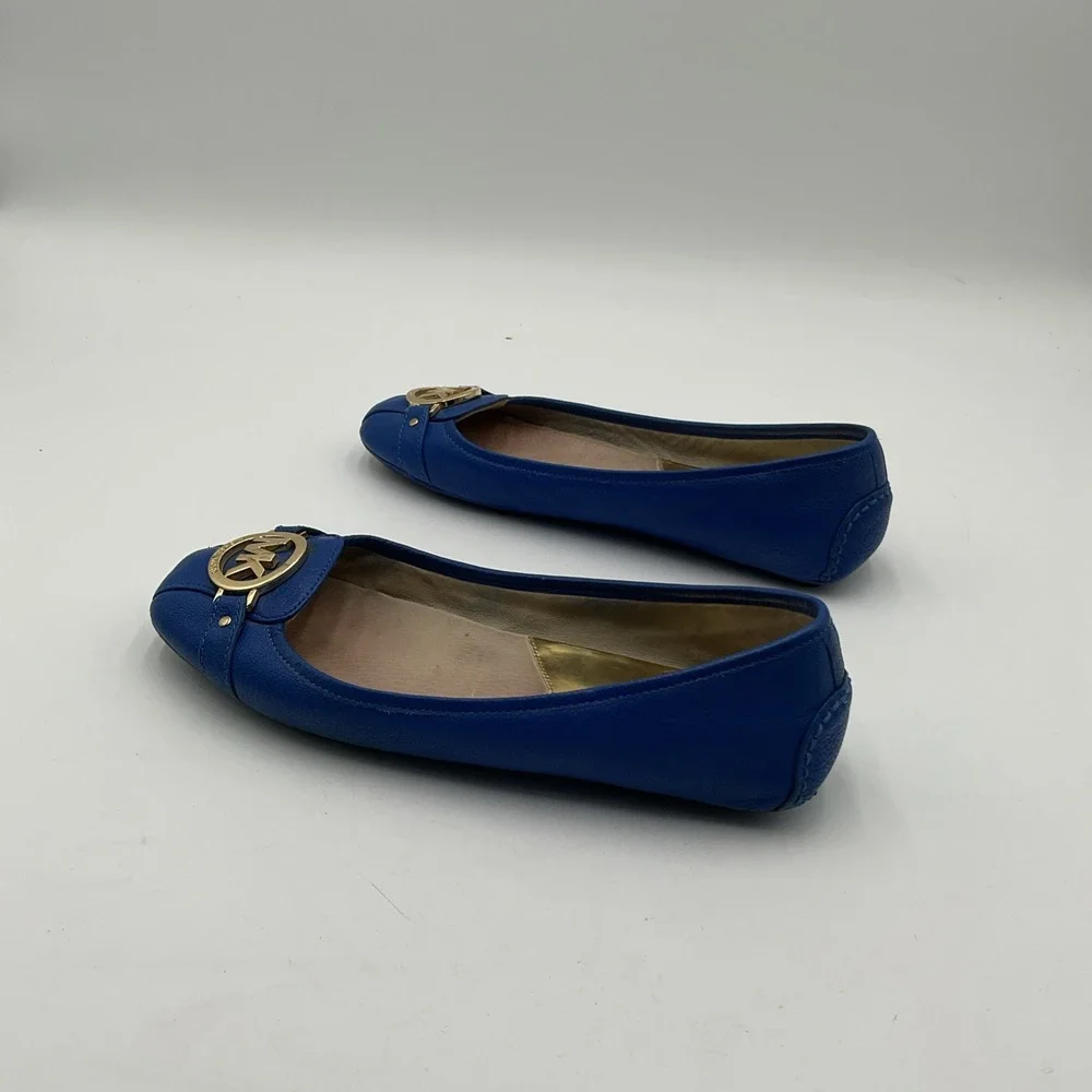 MICHAEL KORS 8.5 Fulton Ballet Flats Blue Saffiano Driving Moc Leather Gold Logo